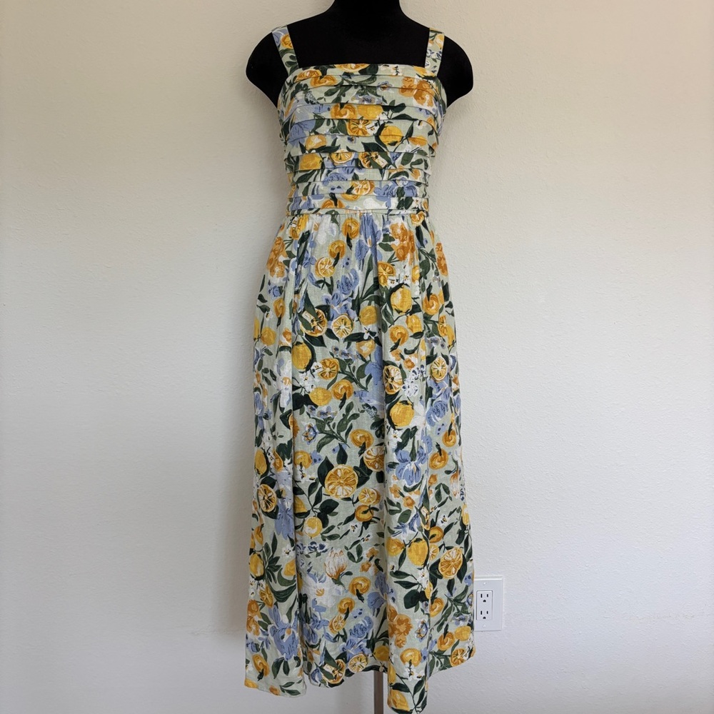 Abercrombie & Fitch Emerson Linen Wide Strap Midi Dress with Lemon Print
